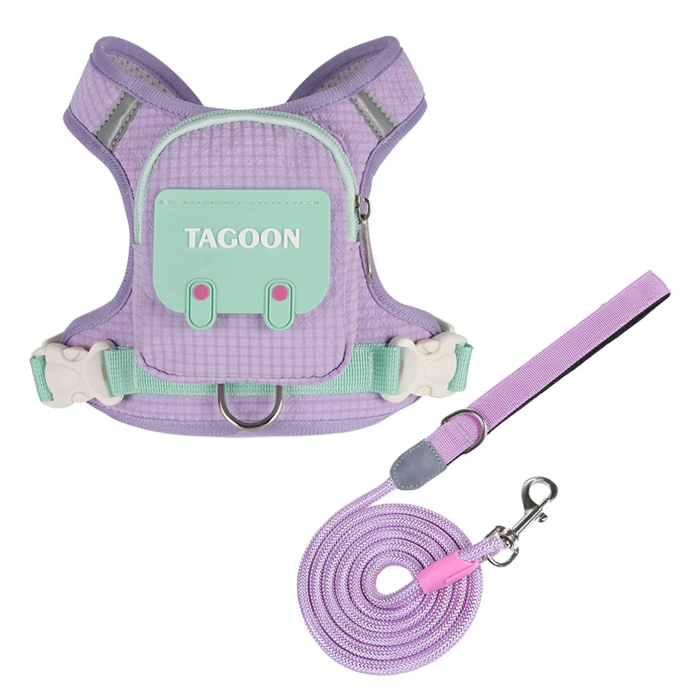 Conjunto de Coleira e Guia para Cães e Gatos, Colete Refletivo Ajustável com Mochila para Cães Pequenos e Médios