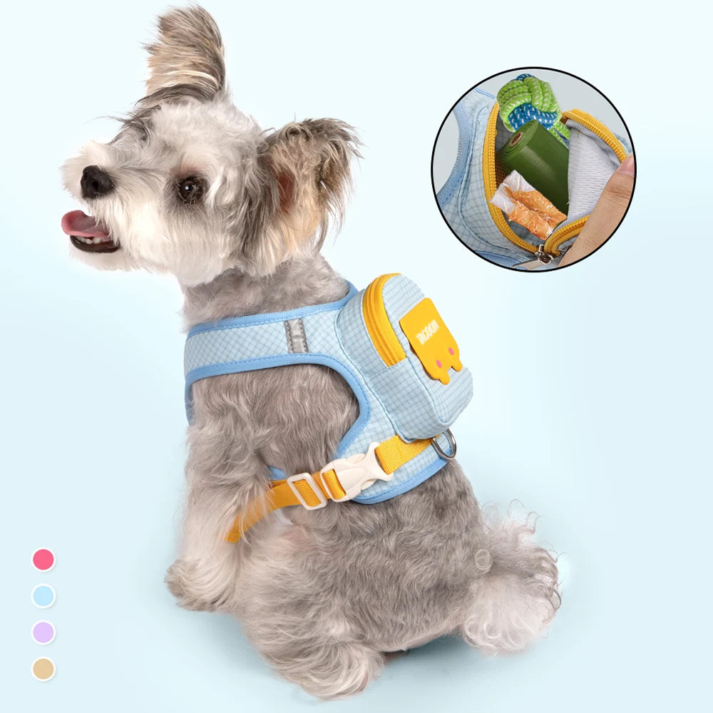 Conjunto de Coleira e Guia para Cães e Gatos, Colete Refletivo Ajustável com Mochila para Cães Pequenos e Médios