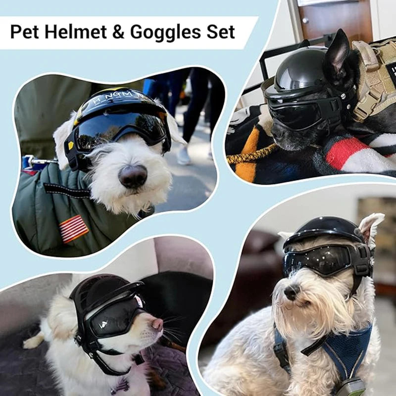 Capacete e óculos para cães pequenos e médios, óculos para capacete de motocicleta com furos para os ouvidos, alças ajustáveis, conjunto de capacete de segurança