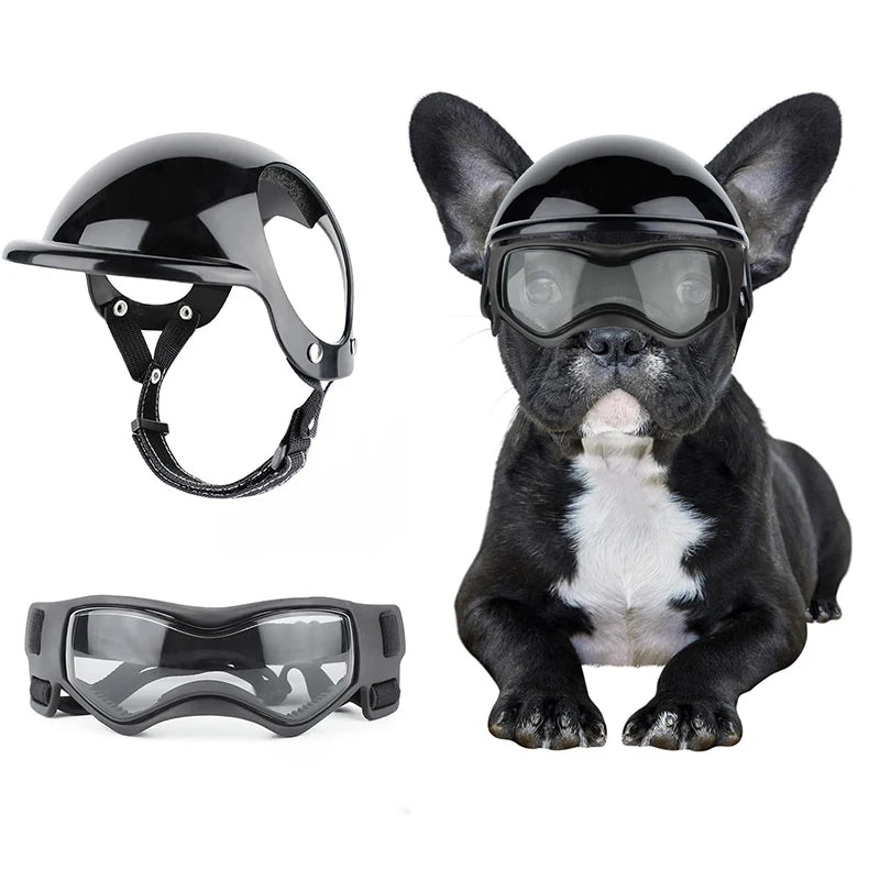 Capacete e óculos para cães pequenos e médios, óculos para capacete de motocicleta com furos para os ouvidos, alças ajustáveis, conjunto de capacete de segurança