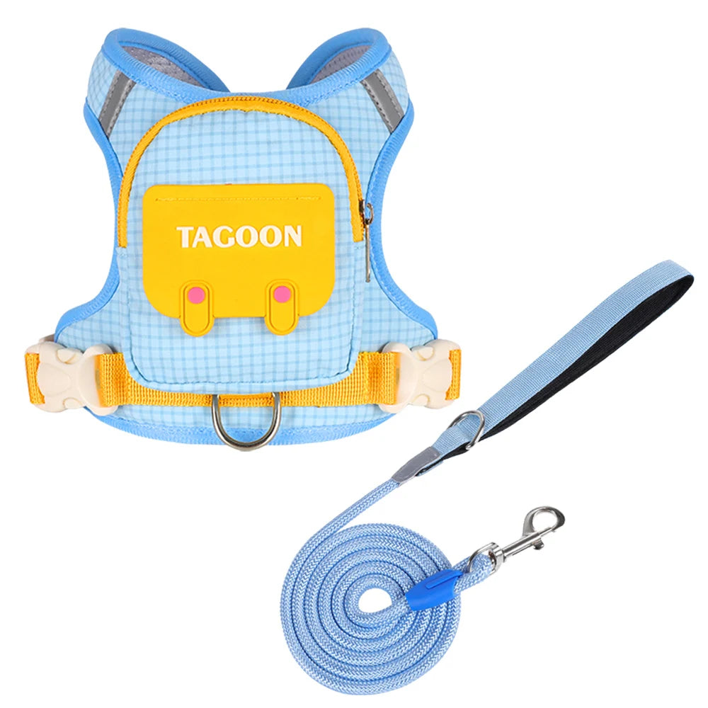 Conjunto de Coleira e Guia para Cães e Gatos, Colete Refletivo Ajustável com Mochila para Cães Pequenos e Médios