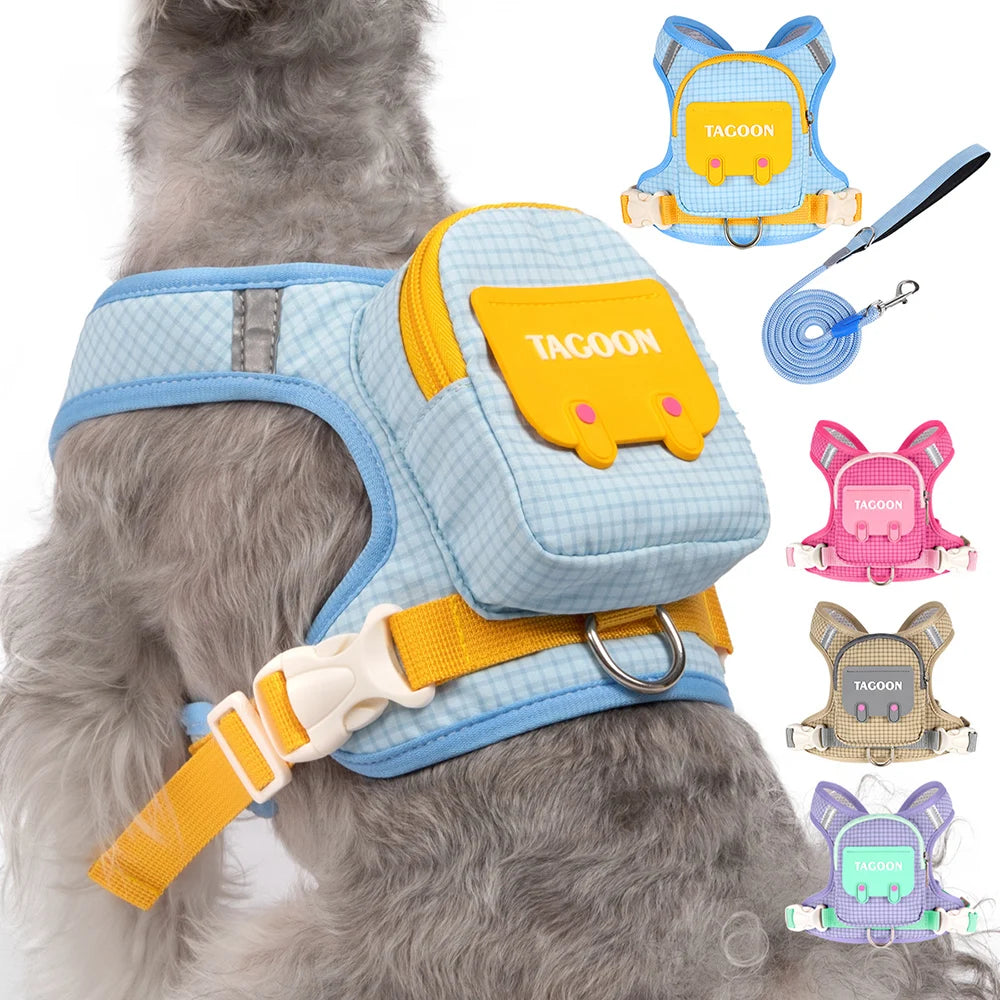 Conjunto de Coleira e Guia para Cães e Gatos, Colete Refletivo Ajustável com Mochila para Cães Pequenos e Médios