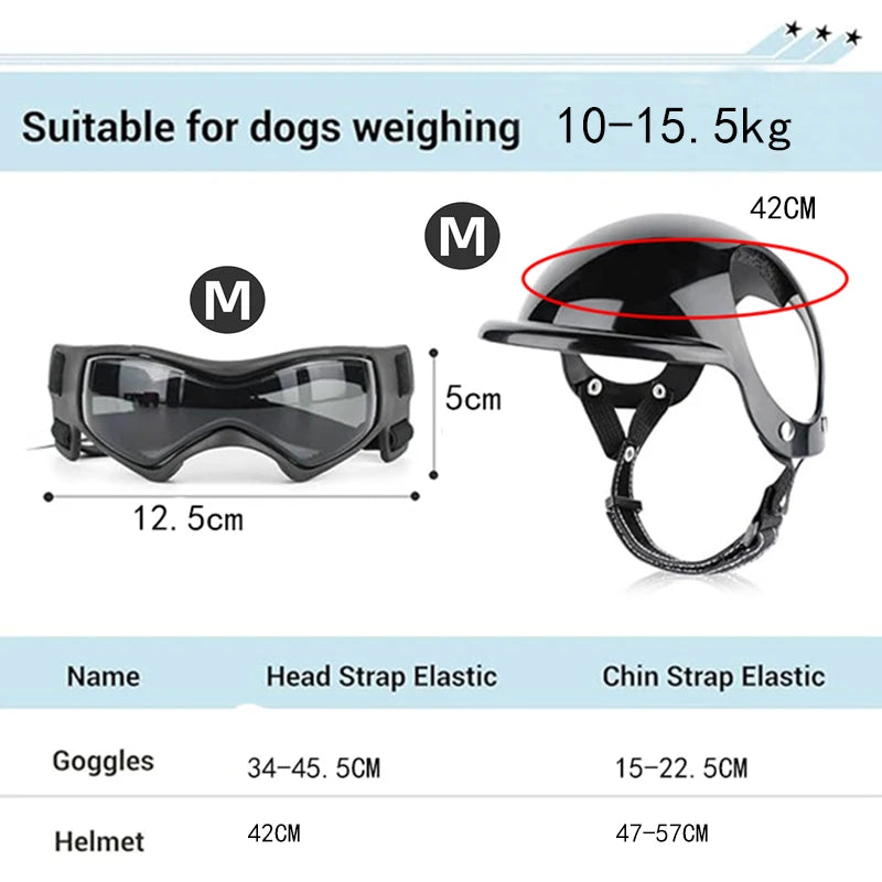Capacete e óculos para cães pequenos e médios, óculos para capacete de motocicleta com furos para os ouvidos, alças ajustáveis, conjunto de capacete de segurança