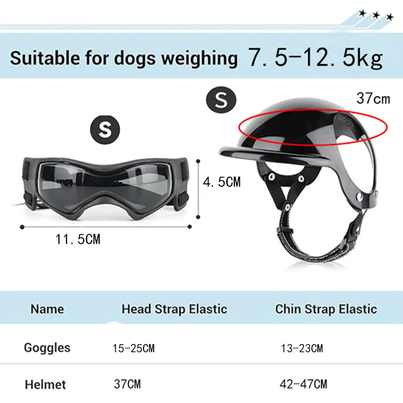 Capacete e óculos para cães pequenos e médios, óculos para capacete de motocicleta com furos para os ouvidos, alças ajustáveis, conjunto de capacete de segurança