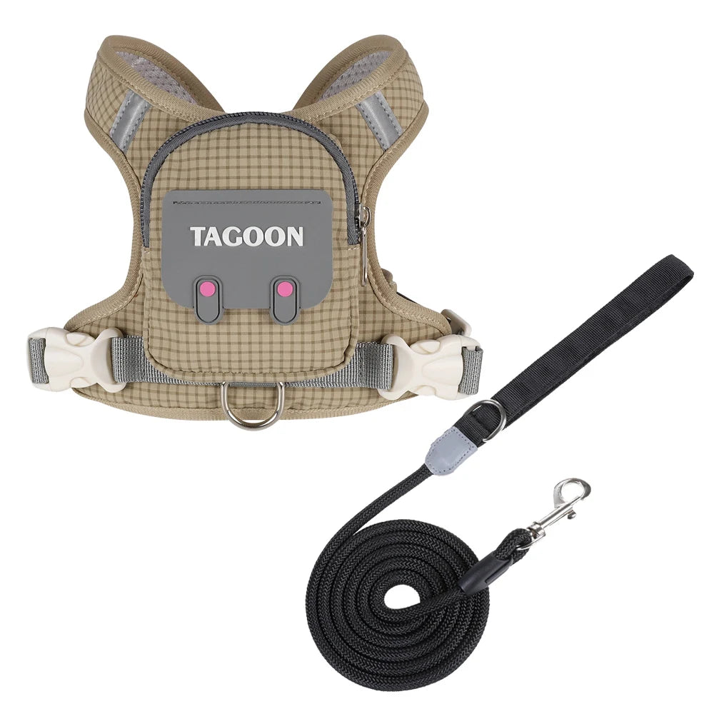 Conjunto de Coleira e Guia para Cães e Gatos, Colete Refletivo Ajustável com Mochila para Cães Pequenos e Médios