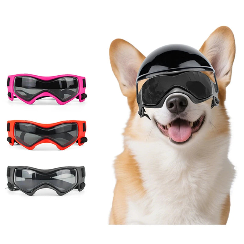 Capacete e óculos para cães pequenos e médios, óculos para capacete de motocicleta com furos para os ouvidos, alças ajustáveis, conjunto de capacete de segurança