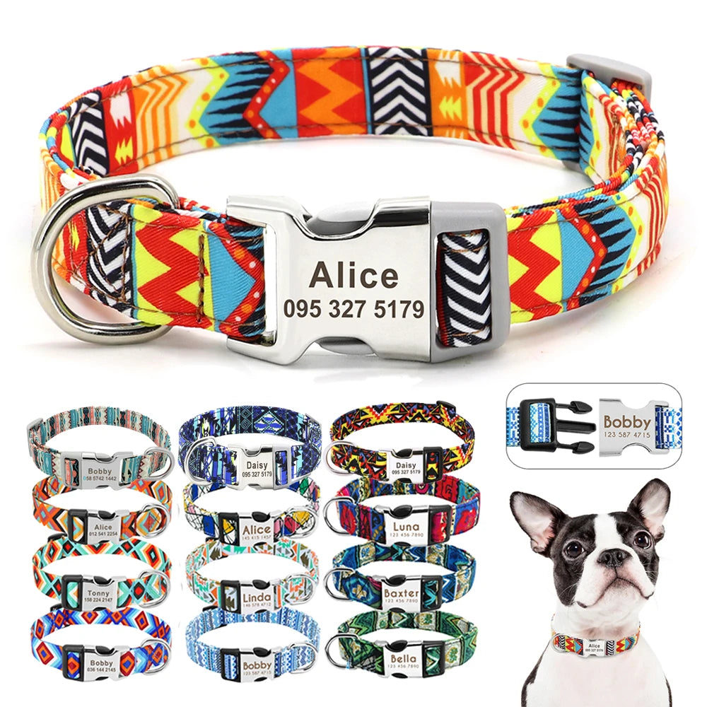 Coleira de cachorro de náilon ajustável, coleira personalizada para identificação de cães e gatos com fivela de nome gravado, anti-perda para cães pequenos, médios e grandes