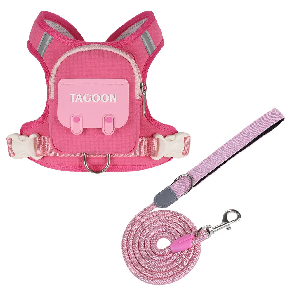 Conjunto de Coleira e Guia para Cães e Gatos, Colete Refletivo Ajustável com Mochila para Cães Pequenos e Médios