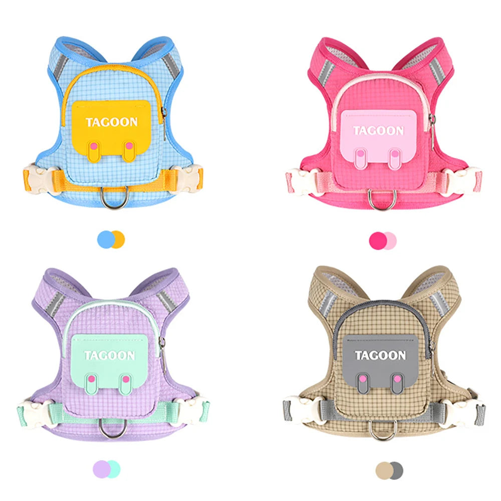 Conjunto de Coleira e Guia para Cães e Gatos, Colete Refletivo Ajustável com Mochila para Cães Pequenos e Médios