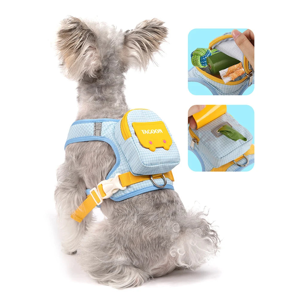 Conjunto de Coleira e Guia para Cães e Gatos, Colete Refletivo Ajustável com Mochila para Cães Pequenos e Médios