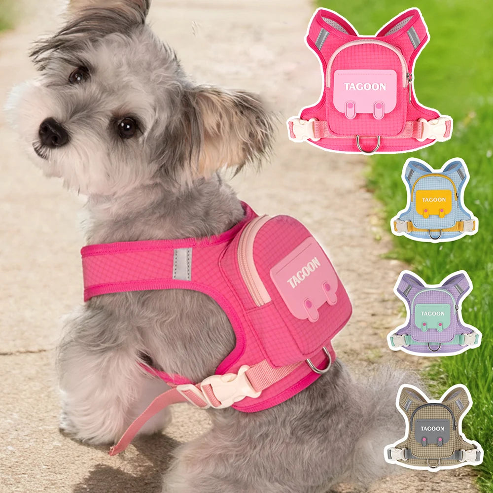 Conjunto de Coleira e Guia para Cães e Gatos, Colete Refletivo Ajustável com Mochila para Cães Pequenos e Médios